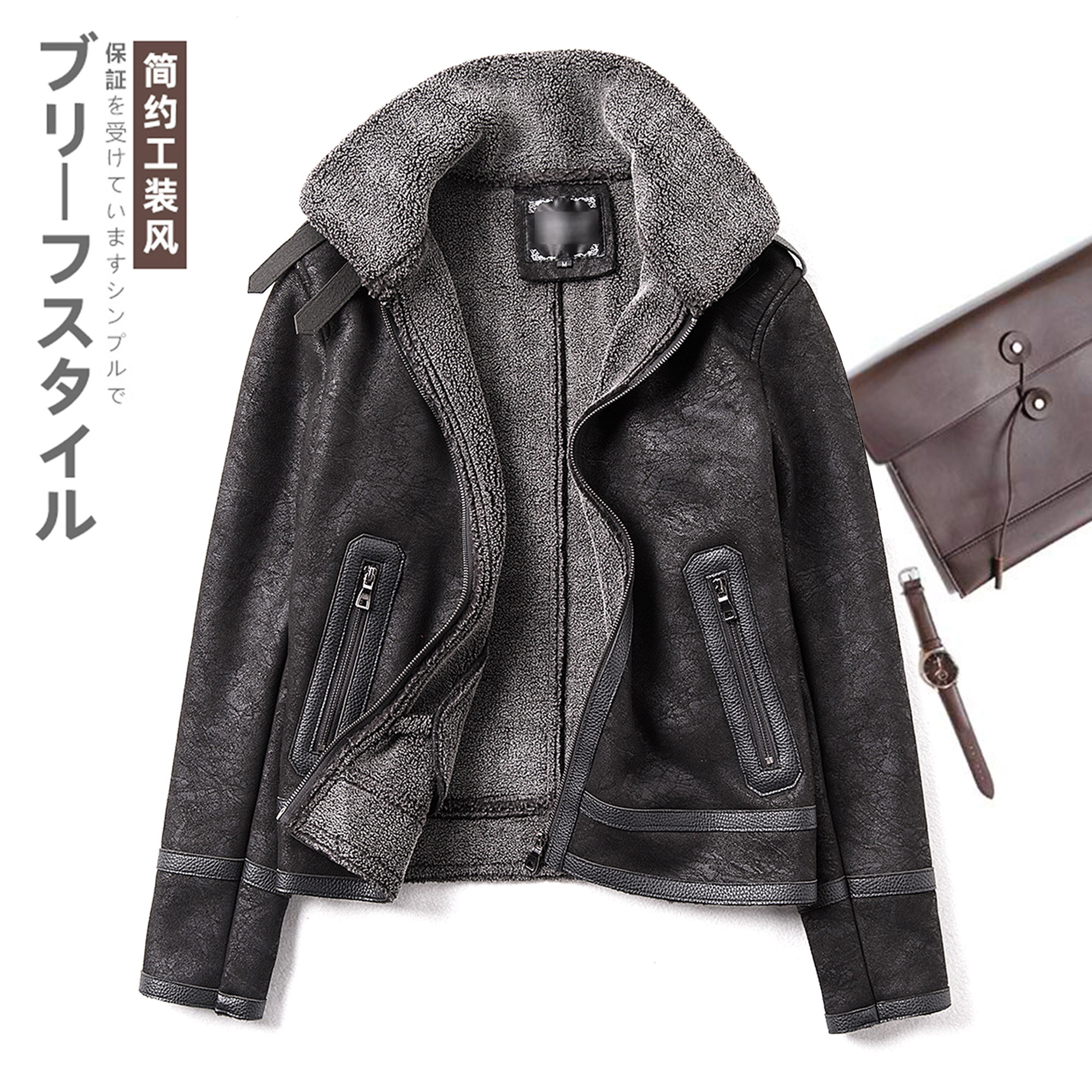 仿麂皮绒羊羔毛皮毛一体机车皮衣男外套棉服大码F11-P245控298主图片