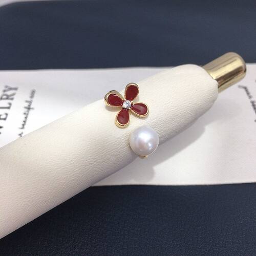 诸暨天然淡水珍珠戒指新年红小花朵珍珠手饰开口可调节货源批发