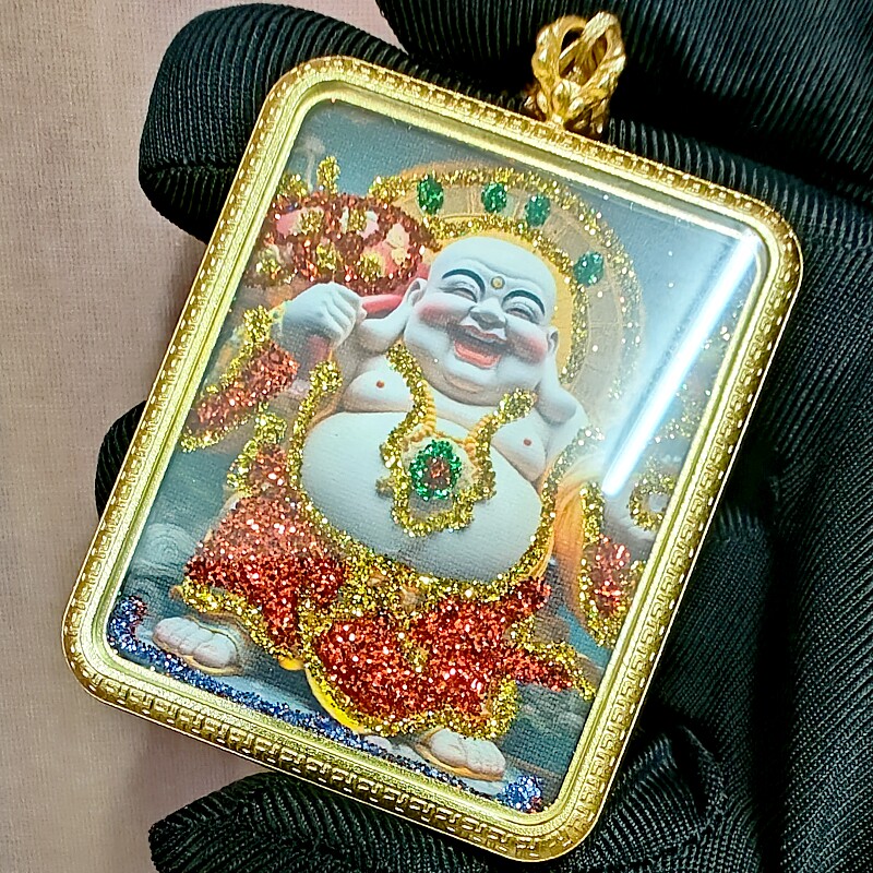 【纯手绘彩金】弥勒佛单面西藏唐卡吊坠挂件项链送五路绳送手机贴