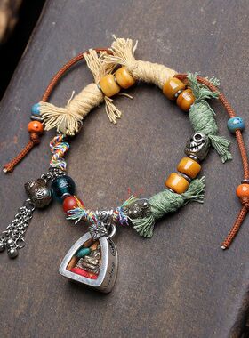 藏式文玩药师佛老银嘎乌盒吊坠手工编织手绳本命年红绳手链批发