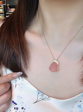 s925银天然粉玉髓笑脸佛公吊坠项链女高级感小众秋冬锁骨颈链饰品