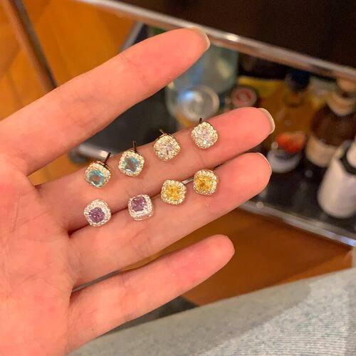 超闪精致彩色方糖耳钉女轻奢高级感气质耳环小众独特设计耳饰耳夹