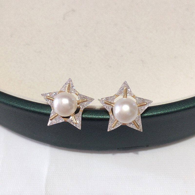 诸暨源产地天然淡水珍珠耳钉女18K包金五角星锆石气质耳饰批发