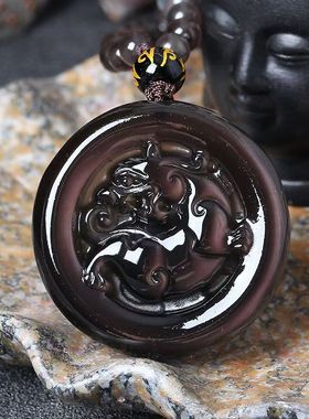 天然冰彩黑曜石貔貅吊坠男款女项链皮丘招财转运貔貅挂件礼物