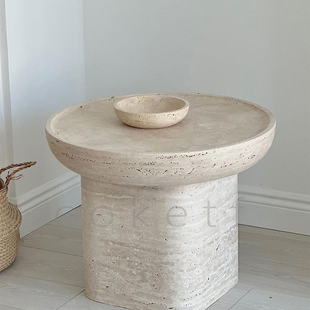 客厅沙发边几圆形边桌 Serapis侘寂风天然罗马洞石小茶几设计师款