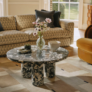 Chloe意式 极简天然圆形宝格丽黑大理石茶几设计师客厅沙发咖啡桌