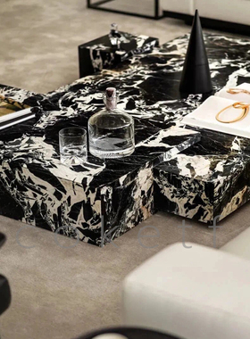 Tempio意大利轻奢天然宝格丽黑大理石奢石茶几设计师款方形高级感