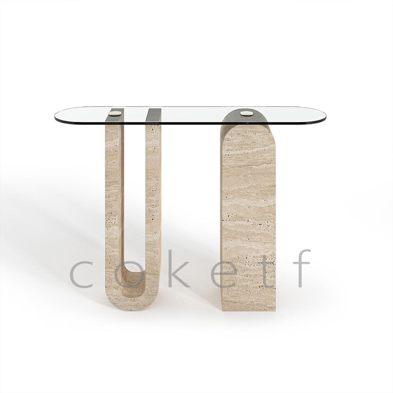 法式极简设计师款天然罗马洞石大理石玄关桌别墅侘寂风客厅靠墙桌