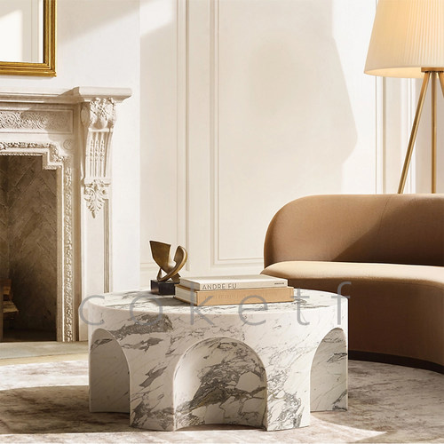 意式极简天然大花白大理石客厅沙发茶几家用VOLTA雕刻圆形咖啡桌