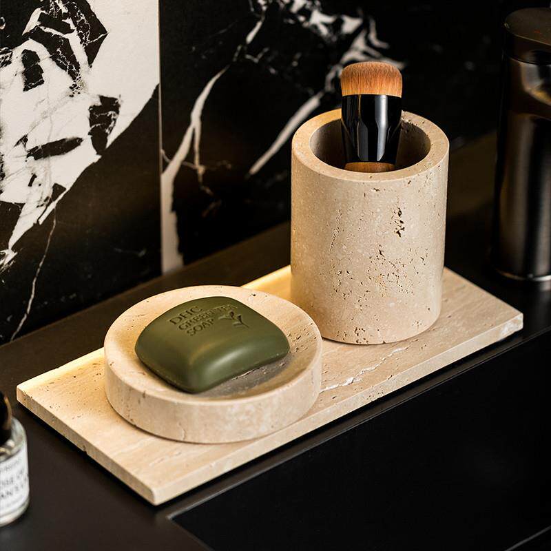 侘寂风天然洞石肥皂盒简约高级洗漱台收纳筒家用高档圆形香皂盒子