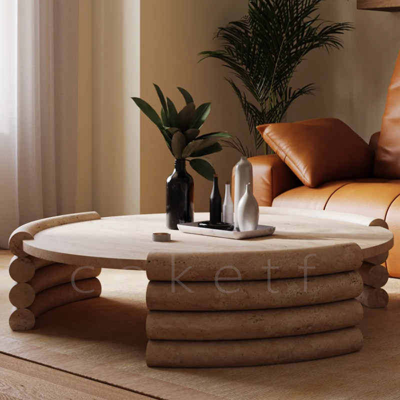 意式极简天然罗马洞石圆形茶几别墅家用高级感设计师款石材咖啡桌