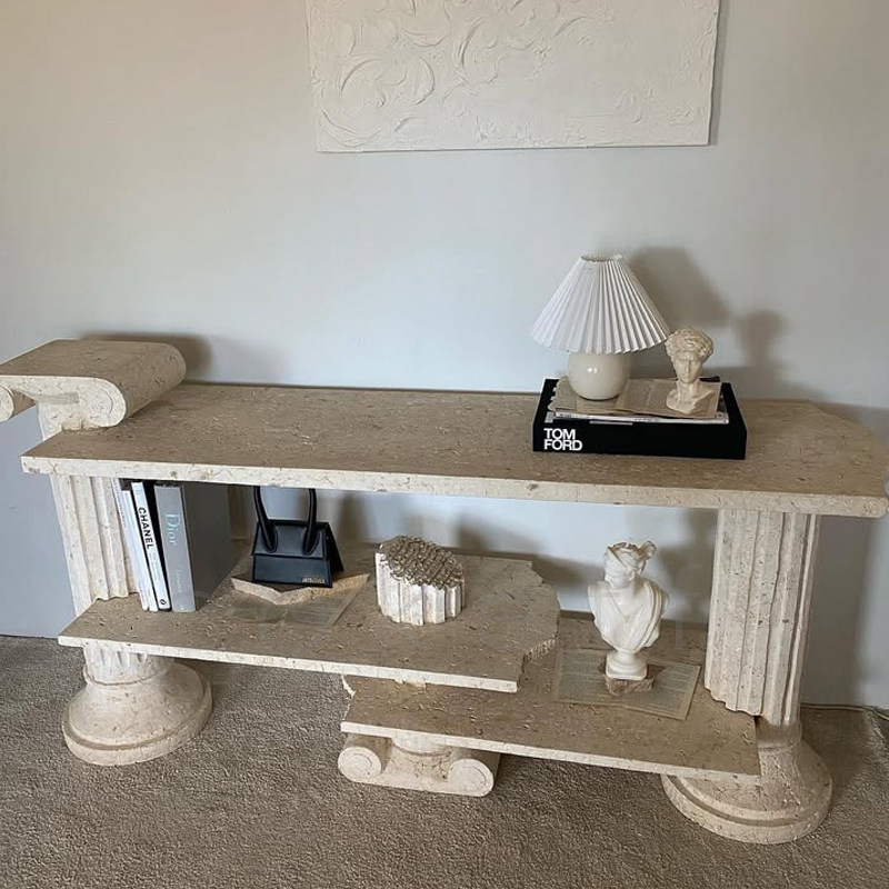 法式极简天然罗马洞石玄关架客厅靠墙玄关台设计师款大理石条案桌