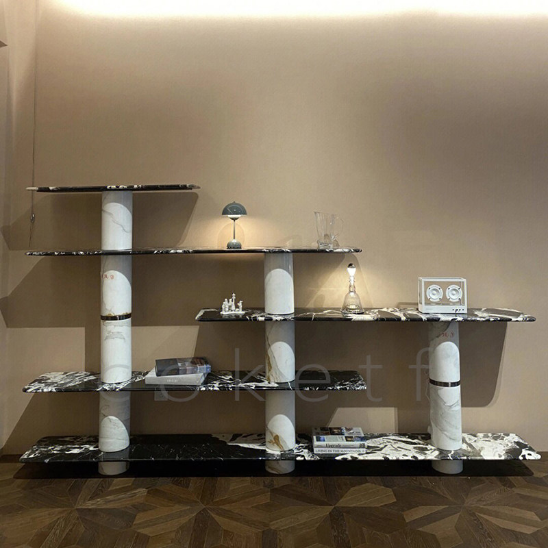 轻奢风高级感天然宝格丽黑大理石奢石巨石书架设计师款别墅艺术风