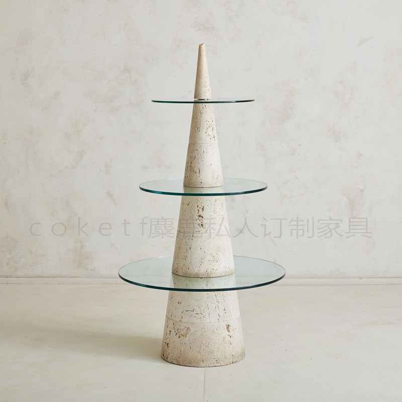 中古风天然罗马洞石置物架落地多层收纳架设计师款客厅圆形雕塑架