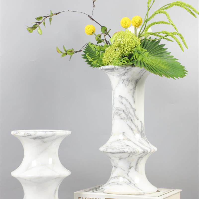 现代简约天然大理石喇叭口竹节花瓶艺术花器摆件电视柜家居装饰品