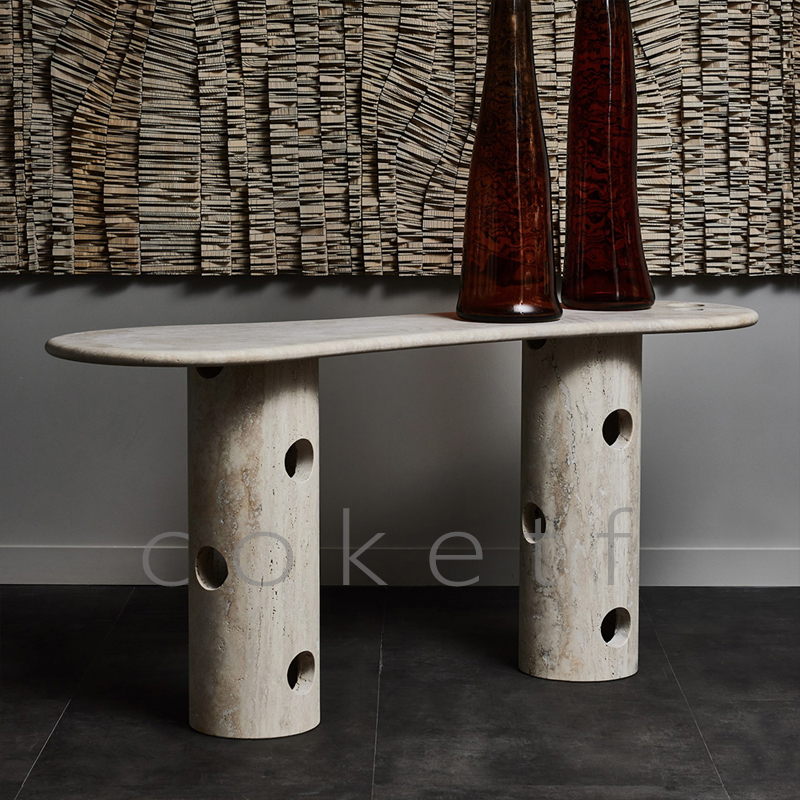 法式天然大理石玄关桌设计师款中古风罗马洞石别墅客厅靠墙玄关台