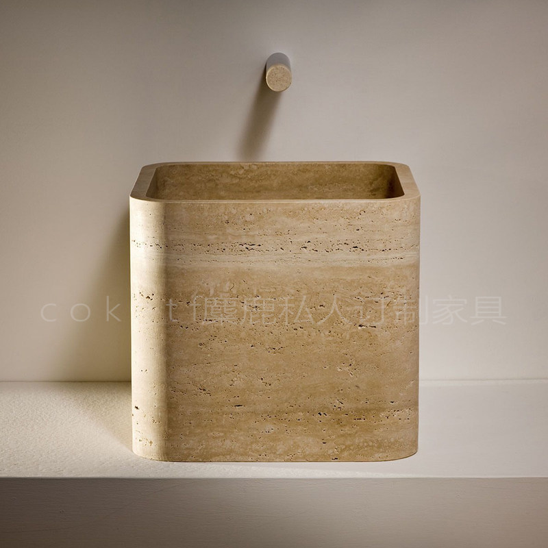 侘寂风天然洞石台上盆方形洗手盆一体雕刻设计师款别墅卫生间家用