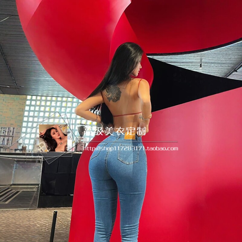 ins美式高腰蜜桃提臀弹力紧身包臀牛仔裤性感修身显瘦铅笔小脚裤