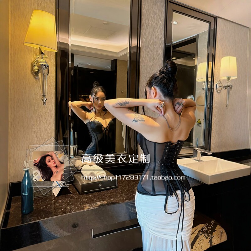 欧美性感透视网纱钢圈鱼骨裹胸外穿收腹紧身后绑带塑形束身胸衣