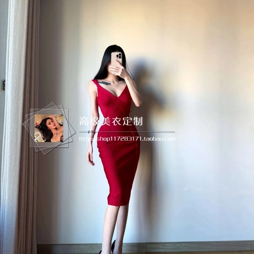 性感低胸V领吊带紧身包臀绷带裙