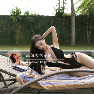 法式 欧美冲浪温泉沙滩比基尼 性感挂脖系带镂空连体泳衣女2024新款