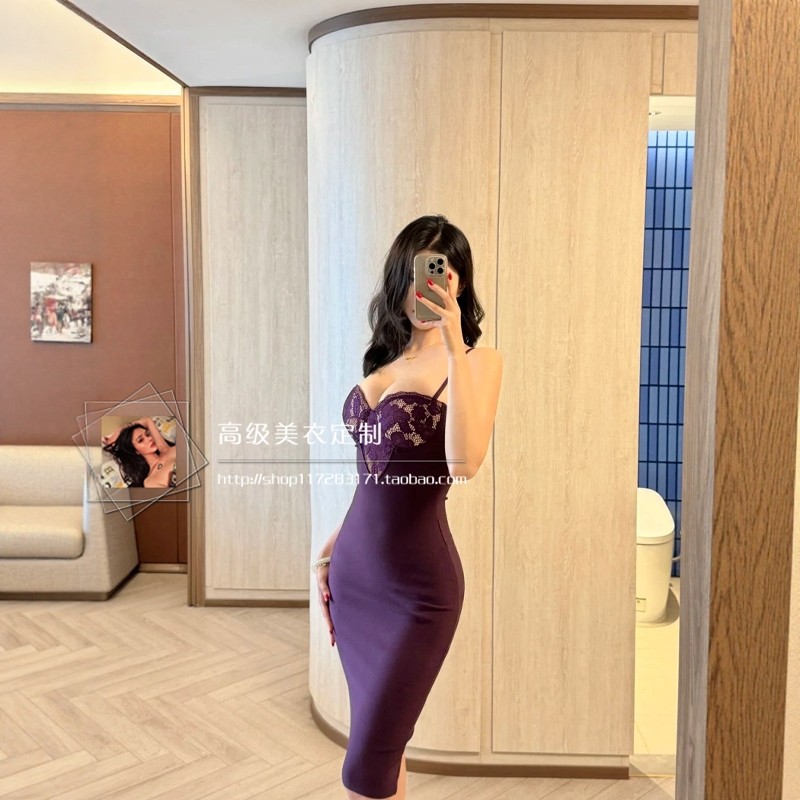 【黑加仑雾紫】御姐性感吊带蕾丝带胸垫聚拢收腰紧身包臀连衣裙女
