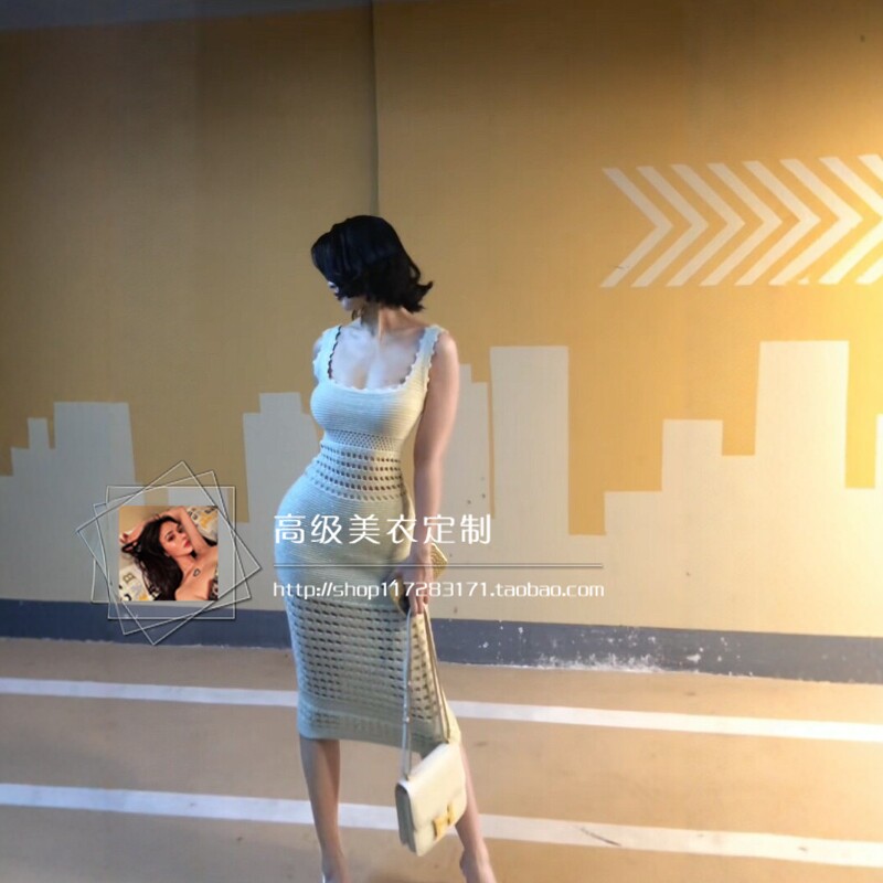 【美神曲线】御姐性感镂空亮丝针织包臀裙女夏季细闪吊带连衣裙