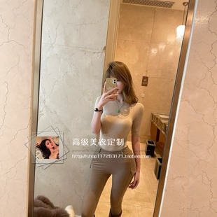 【美卡马术套装】御姐圆领半袖修身外穿内搭上衣+中腰紧身小脚裤