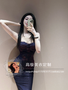 度假拍照吊带连衣裙 性感女人味蕾丝花边系带鱼骨网纱茶歇显瘦长款