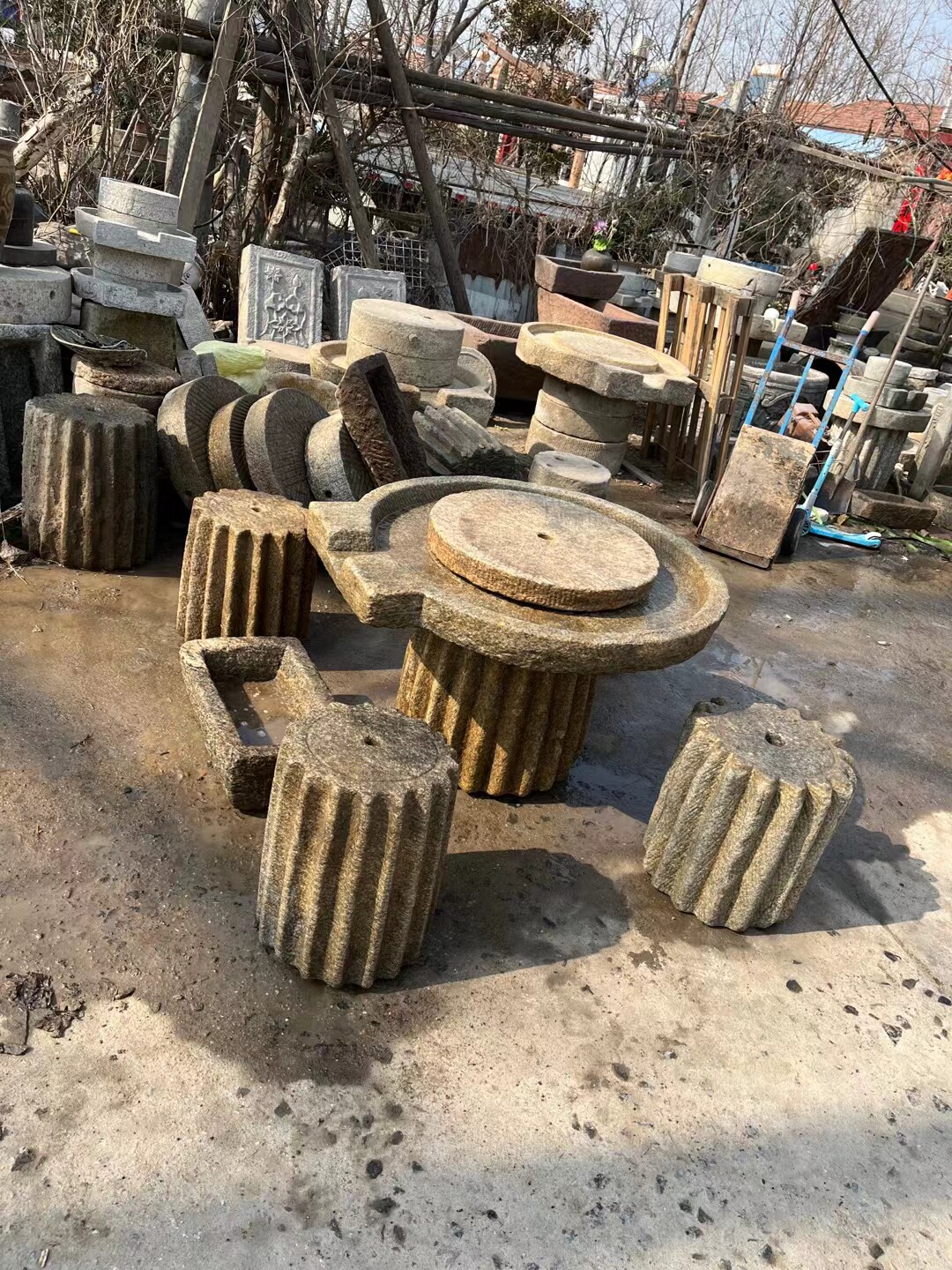 农村老旧石磨盘石头茶桌石磙子石墩整套老石磨摆件摆设怀旧复古