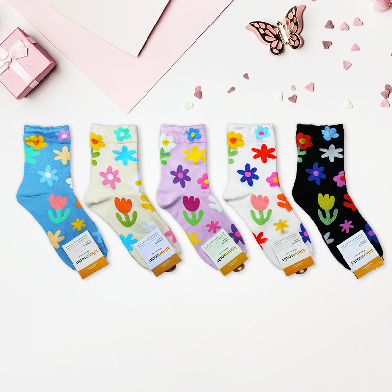 韩国东大门进口女甜美田园系中筒袜四季花朵涂鸦吸湿排汗百搭