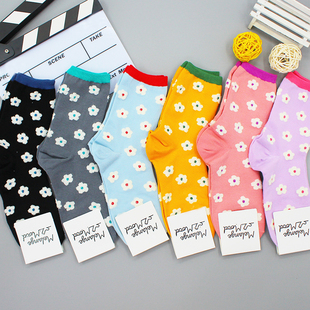 韩国东大门进口秋季新款田园风花朵女袜 清新糖果色中筒袜