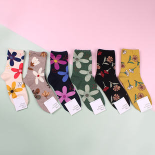 韩国东大门正品代购袜子可爱彩色花朵中筒袜秋冬款甜美精梳棉舒适