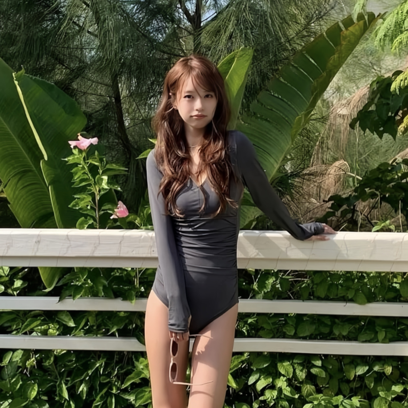 辣妹风V领长袖防晒显瘦连体泳衣