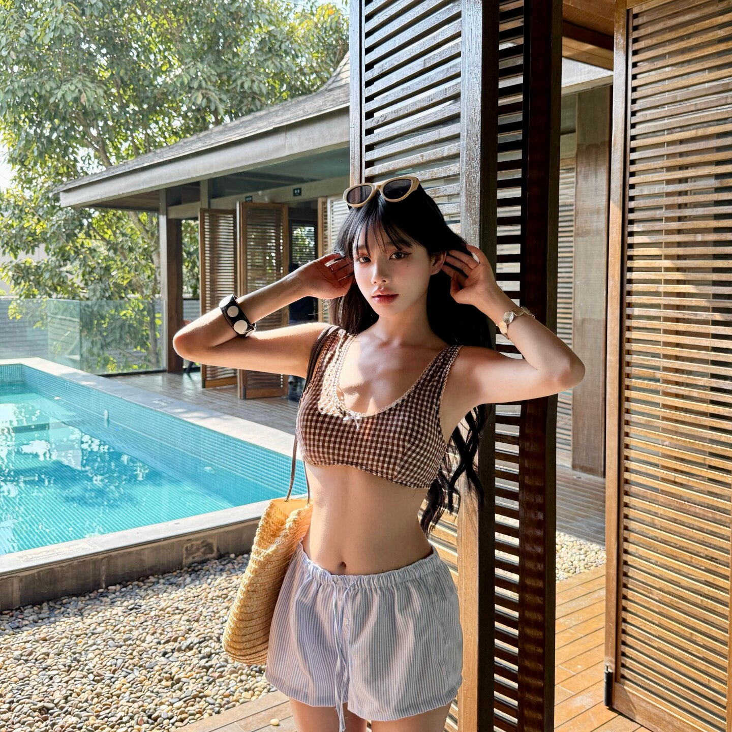 泳衣女分体复古格子三角比基尼三件套小胸聚拢平角裤度假海边温泉