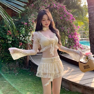 2026新款 分体游泳衣女 纯欲蕾丝钢托聚拢显瘦聚拢温泉度假性感裙式