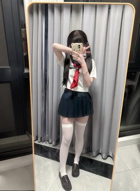 正版JK基础款学生白三本短袖水手服搭配绀色短裙校供感小个子套装