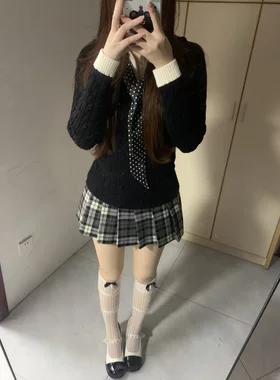 女秋冬日系学院风黑色假两件针织毛衣叠穿灰格纹裙原创Jk制服套装