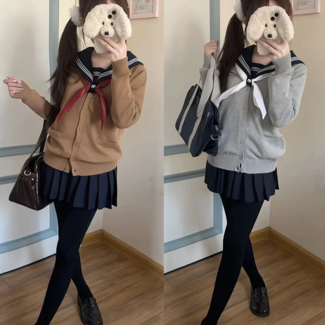 日系JK制服学院风毛针织开衫毛衣叠穿水手服绀三本秋冬校供感套装
