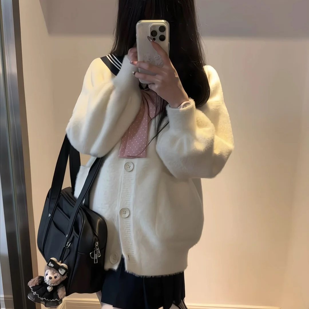 日系针织开衫女秋冬毛茸茸小个子叠穿水手服白三本长袖校供感套装