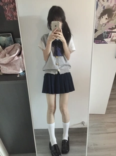叠穿绀色短裙校供原创JK制服套装 衬衫 日系学院风浅灰马甲搭配短袖