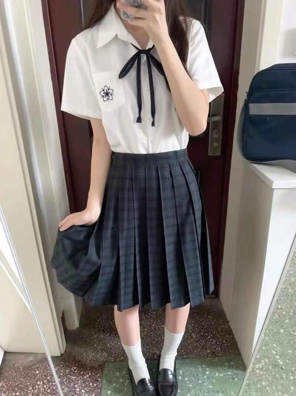 海苔jk制服校供感日系白色樱花刺绣短袖衬衫搭配百褶中裙学生套装