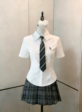 JK白色刺绣衬衫女夏季百搭收腰短袖校供感学生上衣制服日系外穿衫