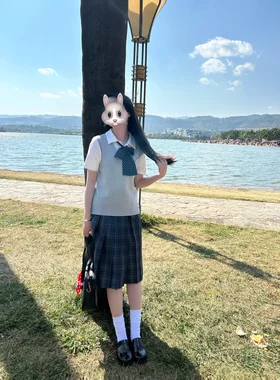 日系学院风jk制服套装女夏季浅灰针织套头背心叠海苔中裙软妹穿搭