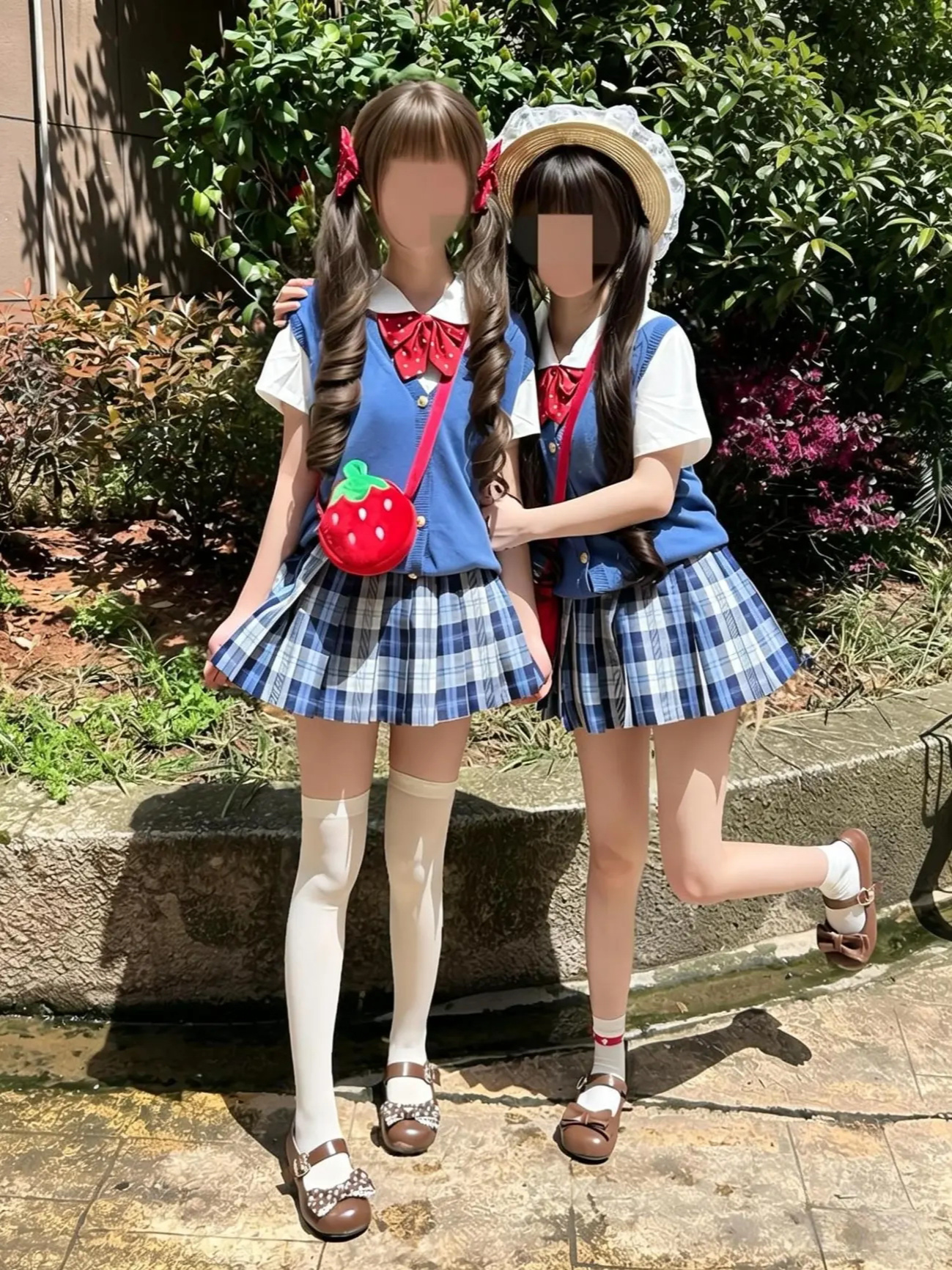 校供感日系演出服宝蓝开衫马甲基础短袖衬衫搭配气泡水格裙一整套