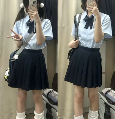 校供感学院风女夏季水色短袖衬衫百搭绀色百褶半身裙日系甜美套装