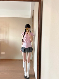 学院风粉色条纹短袖衬衫韩系简约校供感甜美原创JK制服设计感上衣