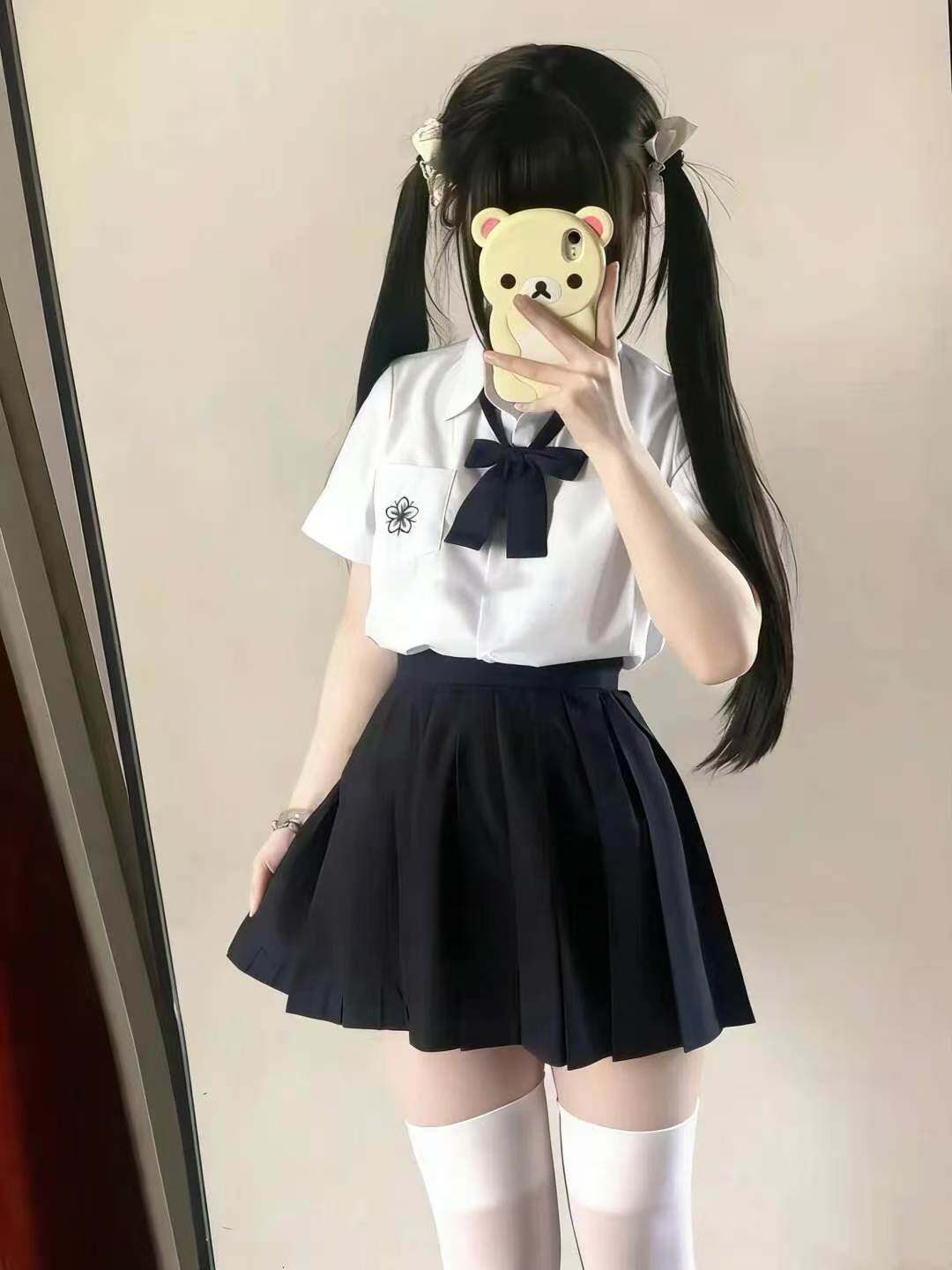 原创jk制服套装日系学院风樱花短袖衬衫百褶裙学生校供感夏季穿搭