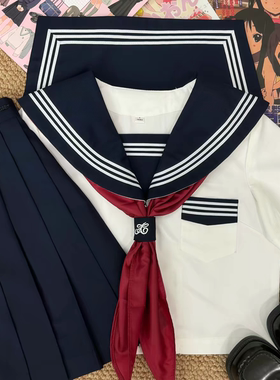 学院风基础款白三本短袖水手服叠穿校供感绀色短裙不良日系套装女