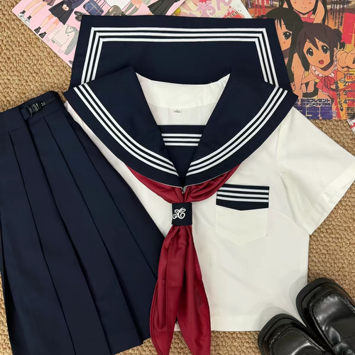 学院风基础款白三本短袖水手服叠穿校供感绀色短裙不良日系套装女